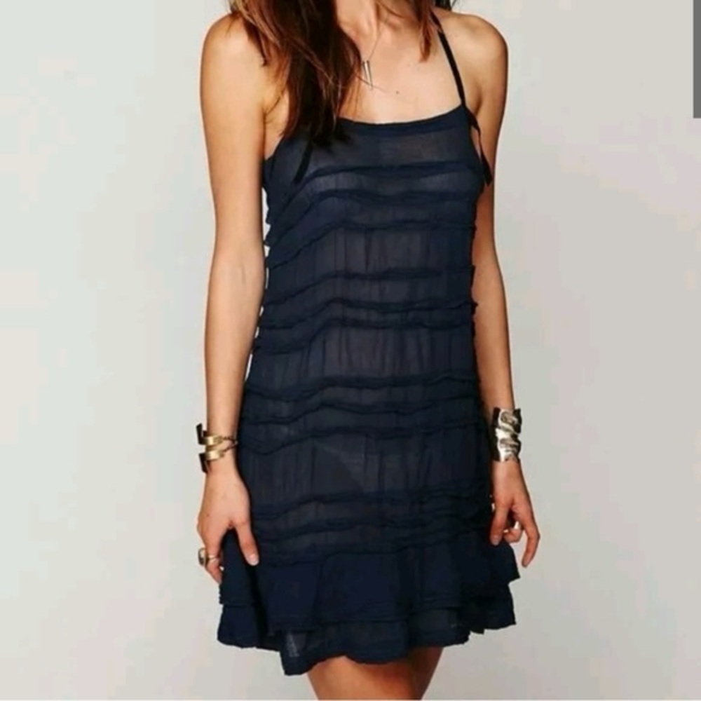 Free People Navy Blue Sheer Ruffle Slip Dress